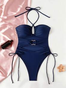 SHEIN Swim 亮紫色抽繩掛脖鏤空圓環裝飾休閒露背連身泳衣 女款 海灘度假夏季款 - 藏蓝色 - 查看 5