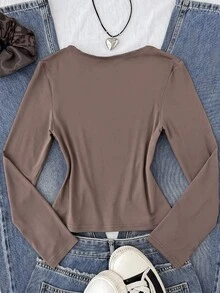 SHEIN 青少年女孩 T-Shirt，領口彈性修身款－百搭極簡長袖 T-Shirt，舒適穿著 - 卡其色 - 查看 8