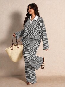 Elaquor 大尺碼女款條紋拼接長袖上衣與寬腿長褲休閒日常兩件套，秋冬休閒日常外出條紋套裝 - 黑與白 - 查看 8