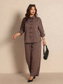 Elaquor Plus Size Casual Minimalist Basic Striped Women's 2 Pieces Set, Loose Fit - Coffee Brown - View 1