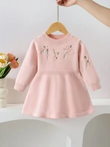 SHEIN 嬰兒粉色針織A字洋裝，圓領長袖，花卉刺繡蝴蝶結設計 - 淺粉色 - 查看 3