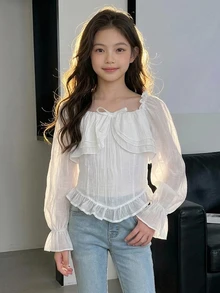 Dazy Kids Tween Girl Cute Stylish Short Blouse With Frill Trim And Petal Sleeve - White - View 1