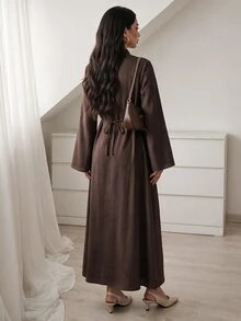 Louniche Women's Autumn/Winter Long Sleeve Cinched Waist A-Line Textured Fabric New Chinese Style Stand Collar Frog Button Long Dress - Brown - View 2