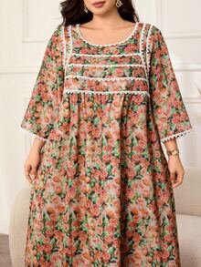 Lacomfia Plus Size Loose Fit Bamboo Linen Printed Fabric Dress With Patchwork Lace On Front Panel And Cuffs, Casual Style For Spring And Summer Daily Wear - Multicolor - View 1
