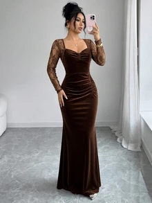 SHEIN Elenzya Elegantes Damenkleid mit schmaler Passform, plissiert, Spitze, Patchwork, einfarbig, gestrickt, langärmelig, Herbst/Winter, Damenkleid, lässig Frühling/Herbst, geeignet für Damentreffen, Dates, Arbeitsweg, tägliche Kleidung Herbst/Winter, Abschlusszeit, Weihnachten, Neujahr, Abschlussfeier, Lehrertag, Thanksgiving, Damenkleid mit langen Ärmeln - Braun - Übersicht 3