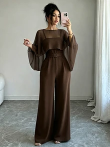 SHEIN Raffinéa 女款純色船領短版上衣與細肩帶寬腿連身褲優雅套裝 - 棕色 - 查看 1