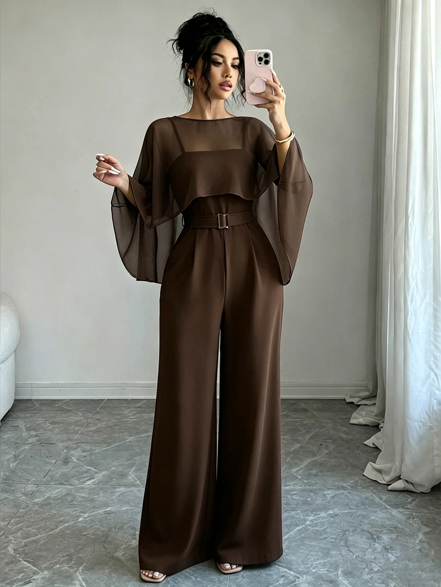SHEIN Raffinéa 女款純色船領短版上衣與細肩帶寬腿連身褲優雅套裝 - 棕色 - 查看 1
