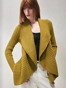 SHEIN Women's Knit Cardigan Draped Asymmetrical Ribbed Knit Large Lapel Open Front Elegant Mustard Yellow Solid Fall Sweater Cardigan For Women Thanksgiving - Mustard Yellow - View 2