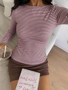 SHEIN EZwear 休閒極簡性感露肩酒紅條紋長袖T恤，適合秋冬穿搭，淺藍條紋顯白 - 彩色 - 查看 3