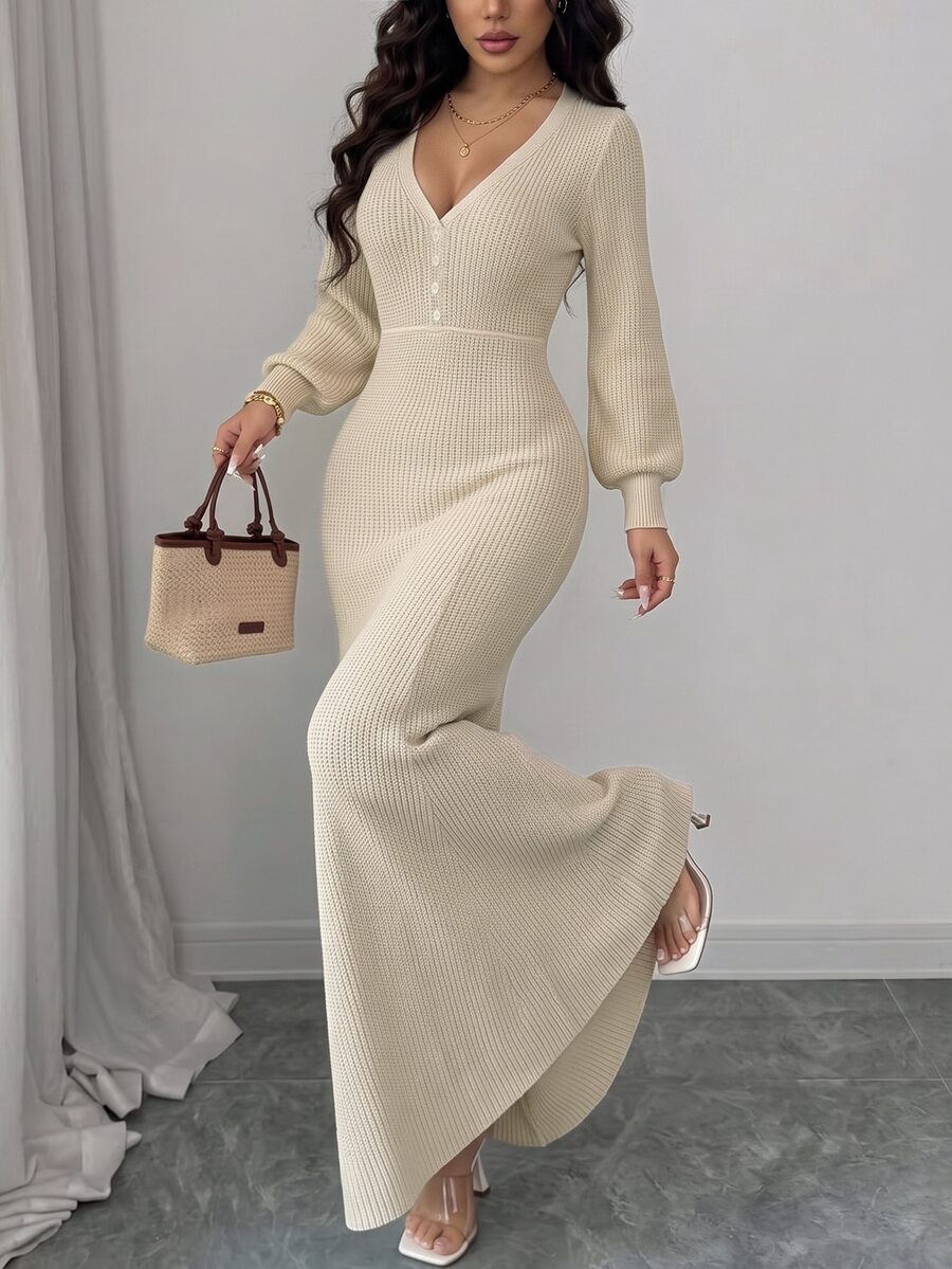 SHEIN Raffinéa Casual Fit V-Neck Long Sleeve Knitted Button-Down Apricot Women's Sweater Dress, Spring/Autumn - Apricot - View 1