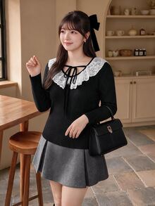 Bijouette Plus Size Women's Lace Patchwork Casual Daily Long Sleeve Sweater Winter - Black - View 2