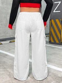 SHEIN Unity 大尺碼女款工裝口袋寬腿寬鬆休閒牛仔褲 - 白色 - 查看 9