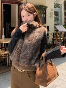 DAZY Women's Solid Color Fashion Versatile Winter Faux Fur Coat - Brown - View 1