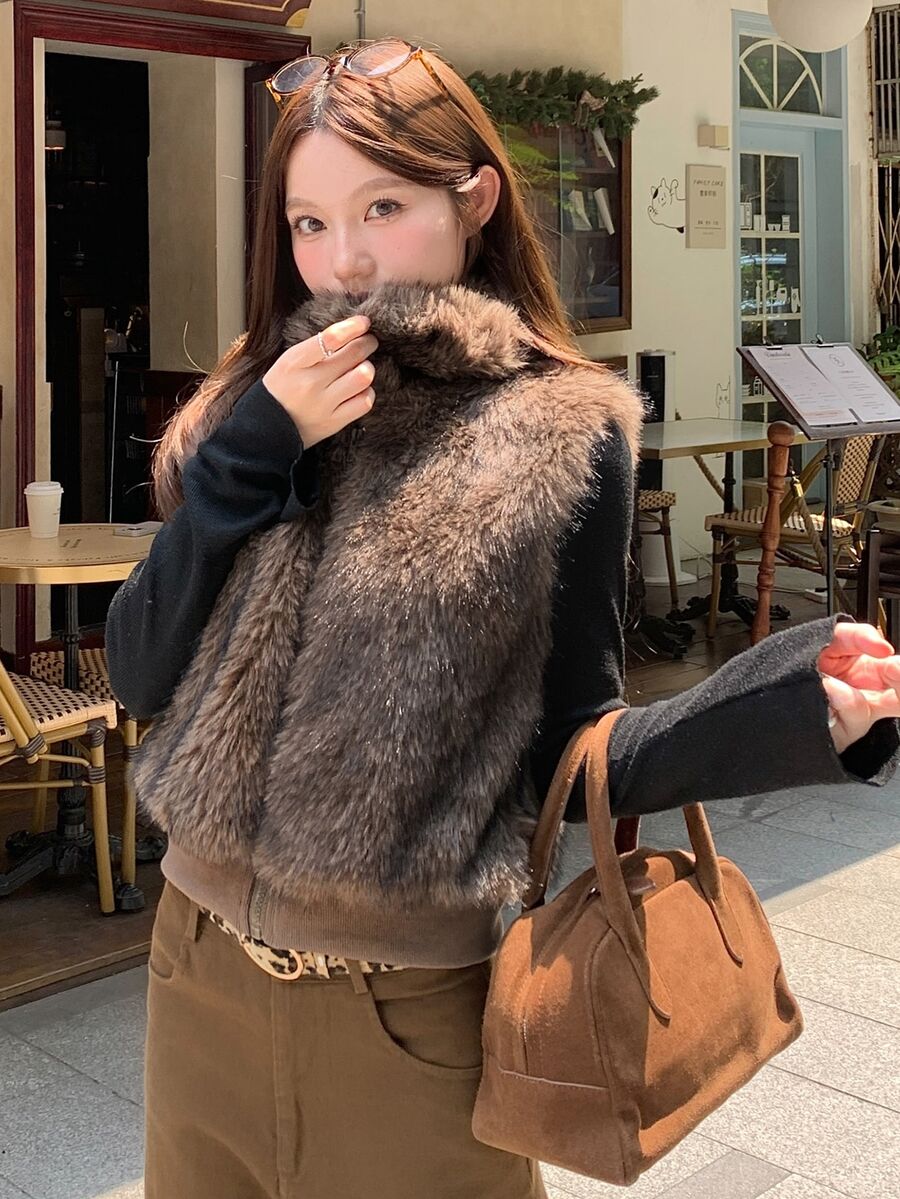 DAZY Women's Solid Color Fashion Versatile Winter Faux Fur Coat - Brown - View 1