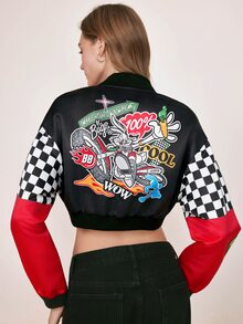 LOONEY TUNES X SHEIN Women's Letter Pattern Colorblock Casual Daily Long Sleeve Jacket - Red - View 2