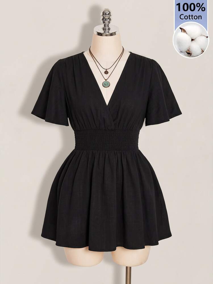 SHEIN ICON 女款夏季黑色極簡純色V領荷葉袖收腰迷你洋裝 - 黑色 - 查看 7