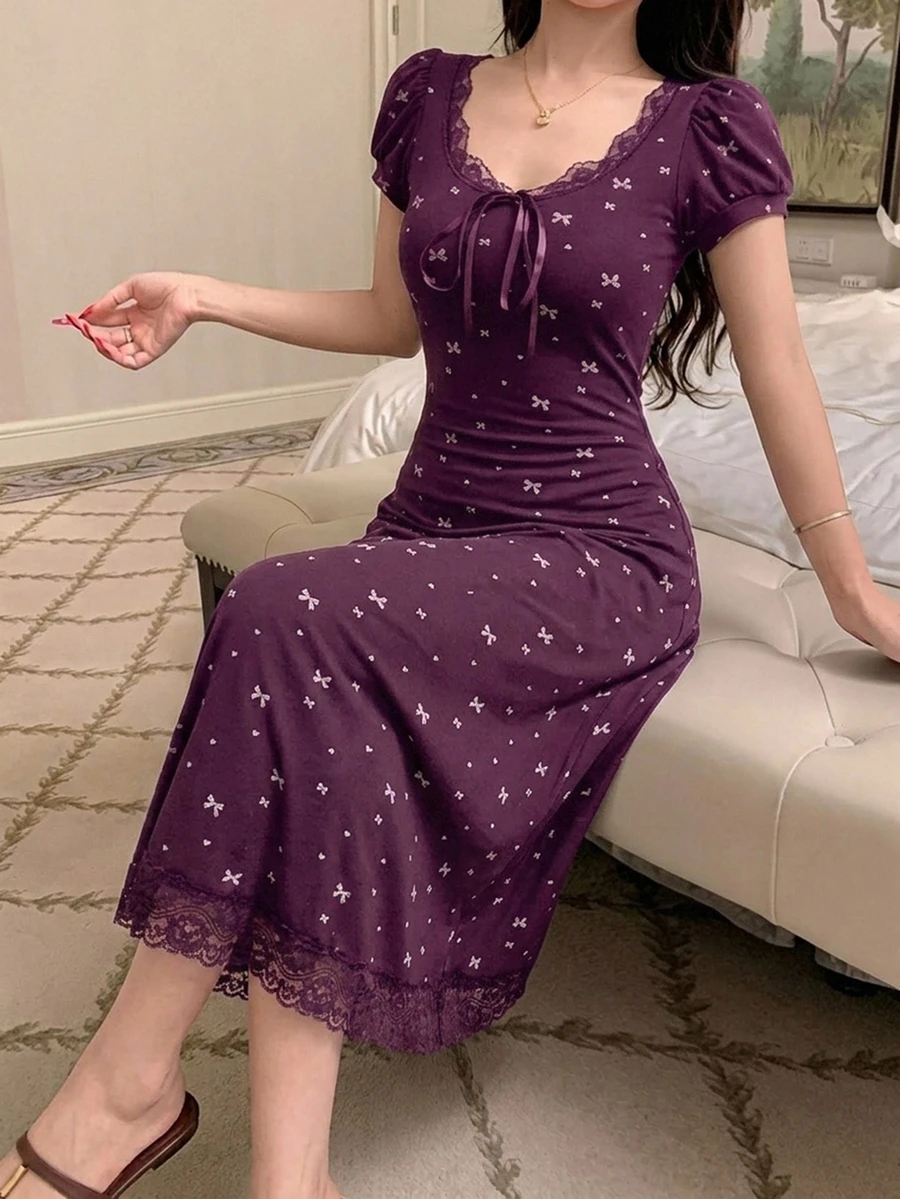 DAZY Sweet Bow Pattern All-Over Print Lace Patchwork Petal Sleeve Short Sleeve Cinched Waist Long Dress Summer Outfit Women's Nightgown - Purple - View 1