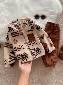 Baby Boy Pattern Fleece Lined Thick Crew Neck Long Sleeve Button-Up Jacket And Elastic Waist Long Pants 2 Pieces Set - Brown - View 5