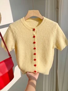 Comfortcana 女款時尚高品質植絨愛心鈕扣圓領彩色針織開襟衫，春秋新款短袖柔軟針織外套，休閒百搭 - 淡黃色 - 查看 5