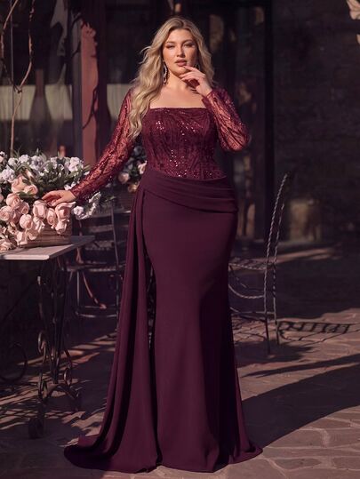 Glamrae Plus Size Elegant Burgundy Long Sleeve Sheer Luxury 3D Sequin Patchwork Asymmetrical Pleated Slimming Top High Waist Slimming Front Panel Suitable For Dating Vacation Single Party Wedding Events Suitable For All Formal Occasions Women's Evening Gown Dress