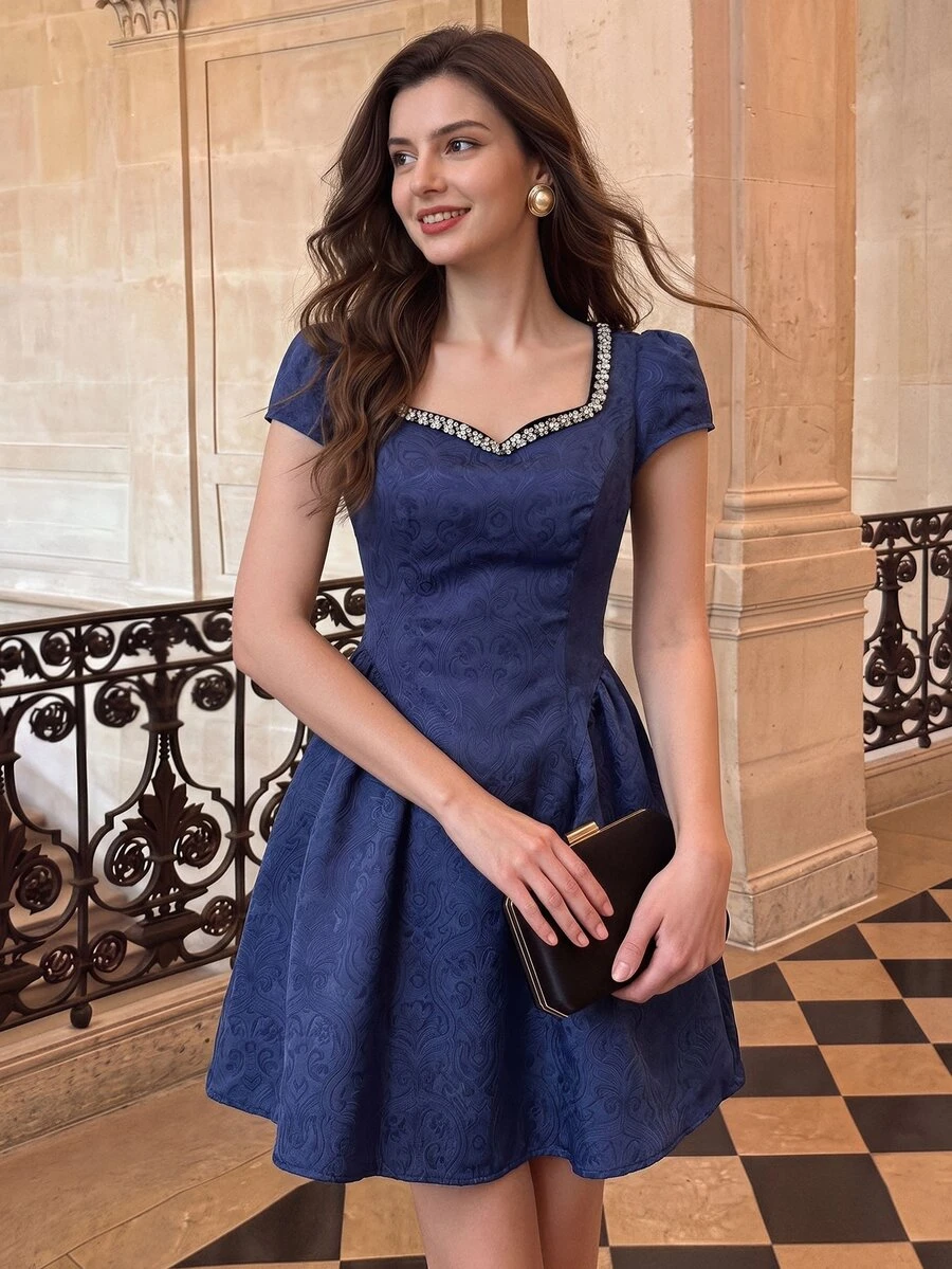 Vintamour Women's Rhinestone Decorated Sweetheart Neckline Elegant Dress - Navy Blue - View 1