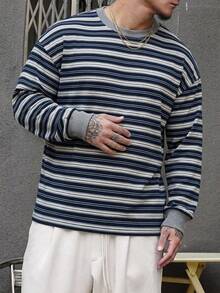 DAZY 春秋款藍灰色條紋圓領長袖收口男士T恤 - 彩色 - 查看 5