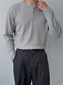 DAZY Herr T-shirt med blommor, grå, lång ärm, rund hals och halvknäppning för vår/höst - Grå - Visa 6