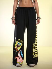 SpongeBob SquarePants | ROMWE Women's Elastic Waist Low-Rise Loose Sweatpants - Black - View 1