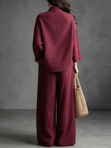 Linhara CURVE Plus Size Women's Burgundy Chinese Style Modified National Style Outfit, Loose Drop Shoulder Frog Button Top And Flowy Wide Leg Pants Commuter Set - Burgundy - View 2