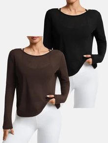 Velisys Velisys Women's Backless Long Sleeve Round Neck Loose Fashion Sports T-Shirt - Multicolor - View 2