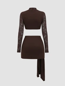 Sweetra Y2K Sexy Lace Patchwork Pleated Crinkled Versatile Party Commute 2 Pieces Set - Coffee Brown - View 2