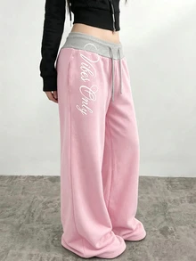 SHEIN 青少年女孩拼接腰部白色字母刺繡寬腿長褲 - 粉色 - 查看 2