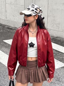 SHEIN 青少年女孩純色PU皮革拉鍊休閒百搭日常長袖夾克 - 紅色 - 查看 11
