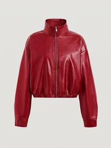 SHEIN 青少年女孩純色PU皮革拉鍊休閒百搭日常長袖夾克 - 紅色 - 查看 3