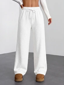 SHEIN PETITE Women's Drawstring Waist Solid Color Casual Daily Long Pants - Light Grey - View 6