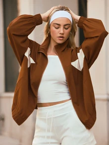 Voyena Women's Plus Size Colorblock Dropped Shoulder Long Sleeve Zip-Up Sports Jacket Fall - Coffee Brown - View 7