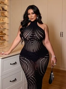 NU&NOW Plus Size Women Solid Color Hollow Out Sexy Casual Dress - Black - View 3