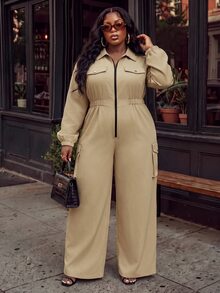 Slaydiva Plus Size Functional Style Cargo Jumpsuit, Long Sleeve Front Zipper Multi-Pocket Loose Streetwear One-Piece - Khaki - Khaki - View 12
