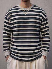 DAZY Spring/Autumn Black & Grey Striped Long Sleeve Ribbed Cuff Men's T-Shirt - Multicolor - View 4