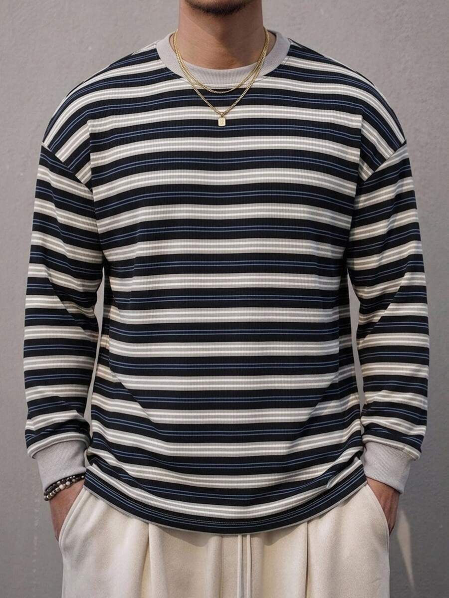 DAZY 春秋款黑灰條紋長袖羅紋袖口男士T恤 - 彩色 - 查看 1
