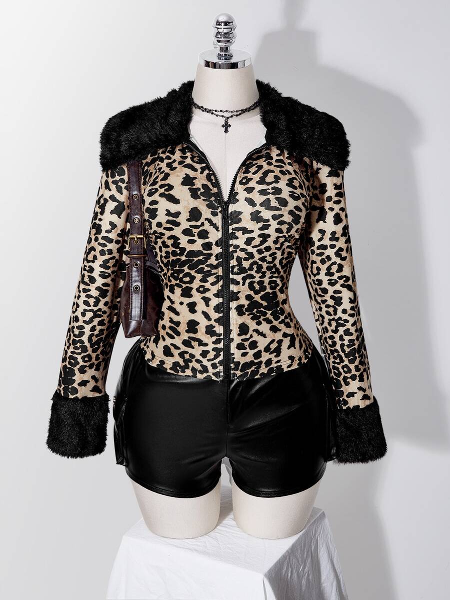 SHEIN ICON Atasan Lengan Panjang Kasual Wanita Ukuran Besar Motif Leopard Bahan Fleece Patchwork untuk Sehari-hari - MultiWarna - View 1
