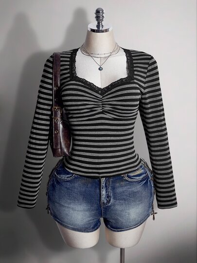 SHEIN ICON Plus Size Striped Colorblock Lace Patchwork Long Sleeve T-Shirt