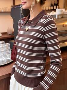 INAWLY Sweater Pullover Berkerah Henley Bergaris Berlapis untuk Komuter, Bisnis, Serbaguna, Harian, Kencan, Kantor - Coffee Brown - View 4