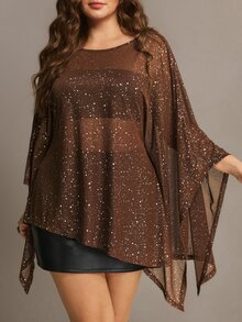 Freevana Women's Plus-Size Sheer Shimmering Top, Loose Brown Long-Sleeve Blouse, Elegant Flowy Outfit For Parties And Nights Out, Fall/Winter Fashion, Boho - Coffee Brown - View 4