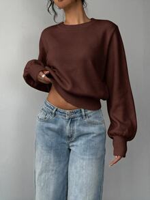 SHEIN BASICS 女款素色圓領長袖休閒基礎款寬鬆針織衫 淺黃色 秋冬日常早午餐上學穿搭 - 咖啡棕 - 查看 3