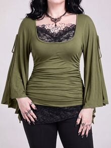 ROMWE Goth Plus Size Loose Cowl Neck Cinched Waist Batwing Sleeve Lace Women's T-Shirt - Green - View 3