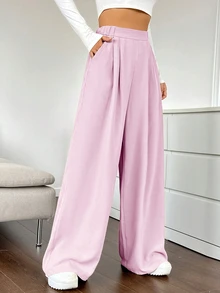 SHEIN EZwear 女款淺粉色高腰百褶寬腿長褲，夏季 - 淺粉色 - 查看 4