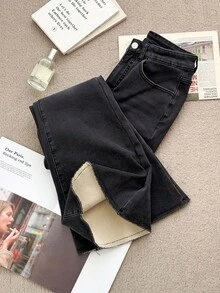 DAZY Women's Black High-Waist Button Washed Solid Color Loose Straight Leg Wide Leg Casual Denim Jeans, Autumn - Black - View 1
