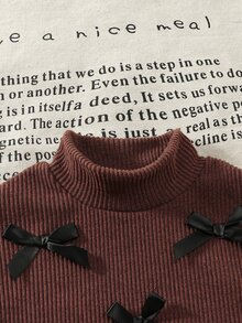 SHEIN 女童棕色蝴蝶結毛絨兩件套，半高領護頸，秋冬款，不對稱下擺披肩式寬鬆上衣，黑色緞面蝴蝶結裝飾，韓系甜美風，棕色長毛絨拼接袖口，同色喇叭褲，適合秋冬日常穿著、生日穿搭、拍照拍攝 - 棕色 - 查看 6