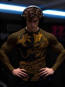 Gym Rark Men's Chinese Dragon Print Fitted Raglan Long Sleeve Sports T-Shirt - Black - View 6